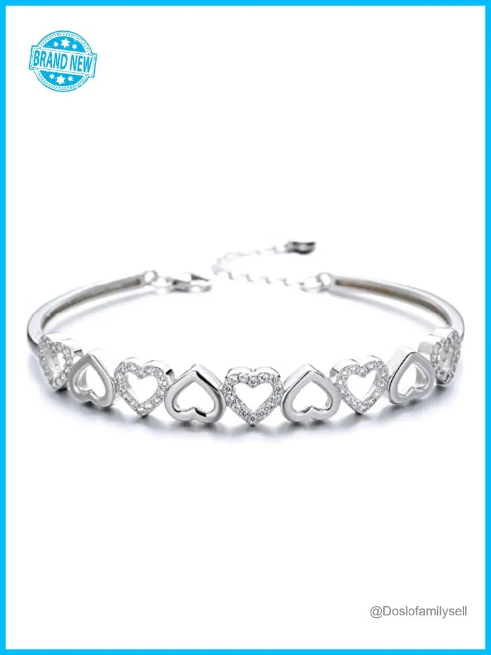 Adjustable 14K Gold Plated Heart Bangle Bracelet with Crystals
